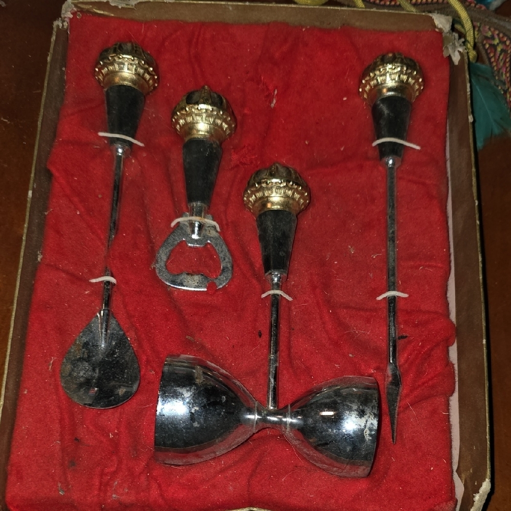 Swank Mid-Century Crown Bar Set in Original Box - Set of 4